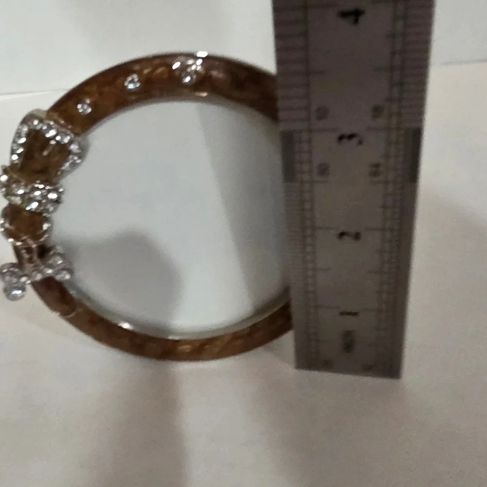 Miniature Round Dog Collar Picture Frame Brown Enamel Rhinestone Bone Charm 3in